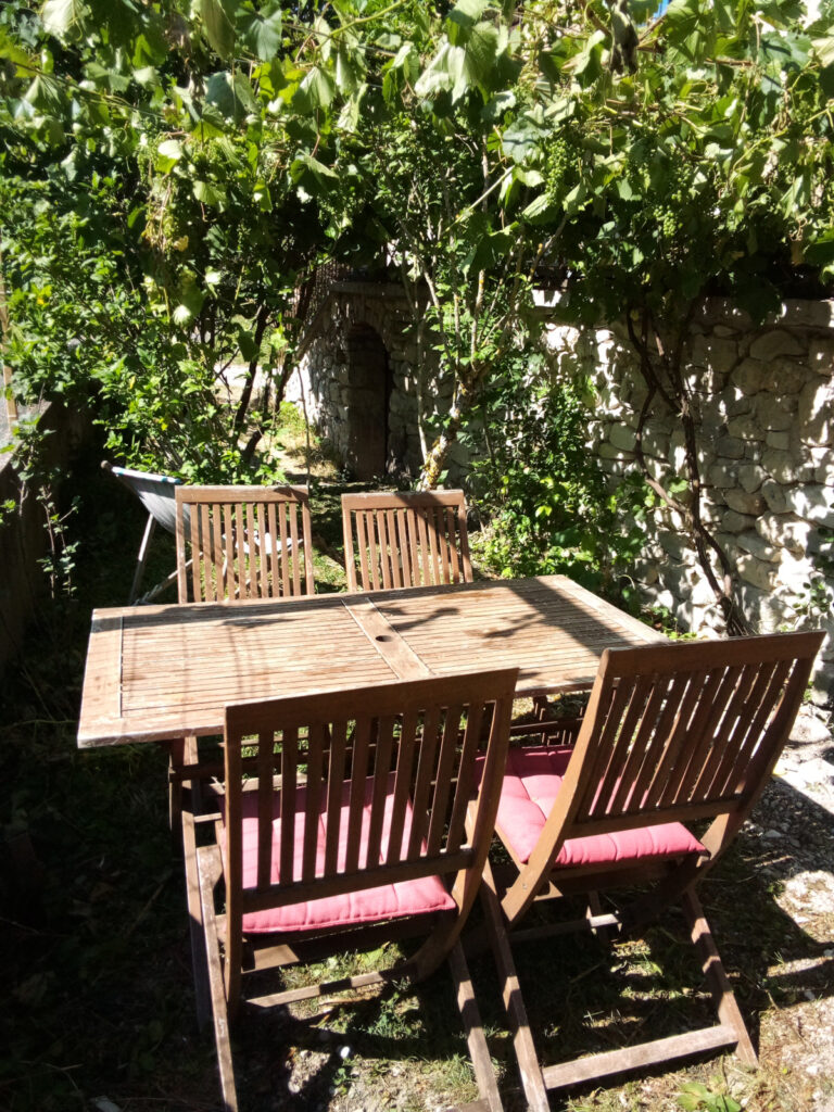 Table de jardin sous la pergola de vigne